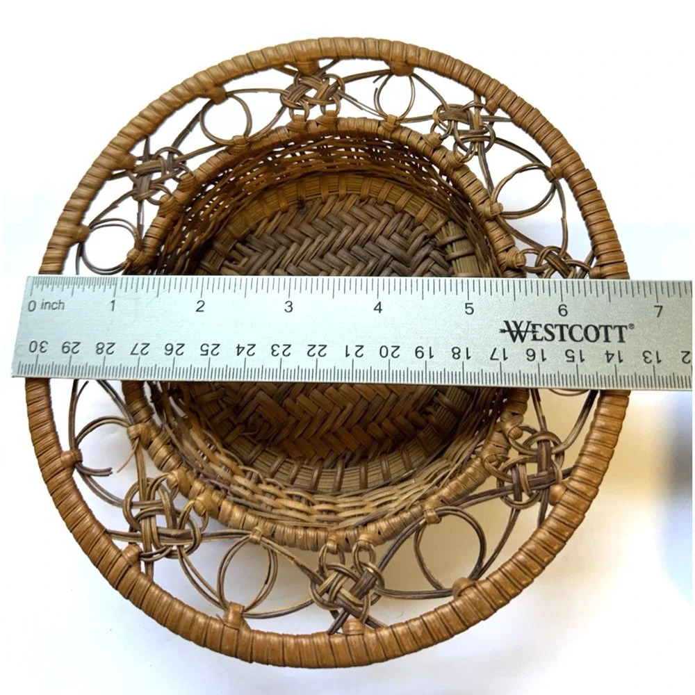 Vintage Boho Rattan Set of 2 Woven Basket Geometric Pattern Storage Entryway